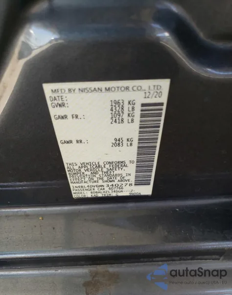 2021 Nissan Altima Sv z USA, uszkodzony, nr VIN 1N4BL4DV6MN340278